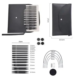 black Interchangeable Circular Knitting Needle Set, 4.72-Inch Shorties Knitting Needles Sizes 3mm-10mm with Cables, Accessories and Case, 13-Pairs