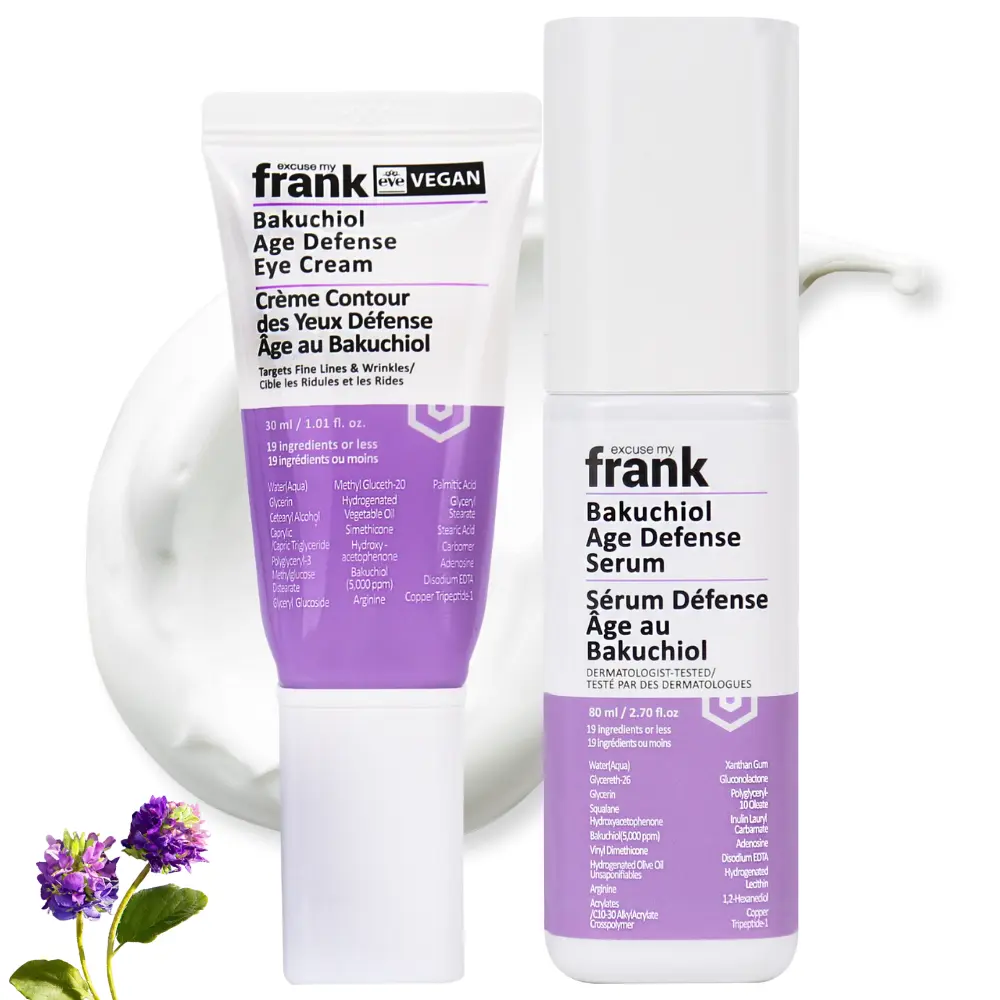 Excuse My Frank Bakuchiol Age Defense 2-Piece Multi-Pack - Female, Unisex Adults' Daily Korean Skincare Kit with Serum, Eye Cream for Puffy Skin, Fine Lines, Dark Circles, Eyes, Anti Wrinkle, Plump, Natural, Age Defense Serum, All Skin Types, 110Ml, Combi