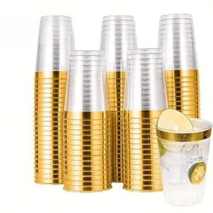 Elegant Plastic Cocktail Cups, Rose Trim, Transparent & Golden Edges, Plastic Clear Cups, Perfect for Weddings, Thanksgiving, Christmas Parties, Disposable Cups