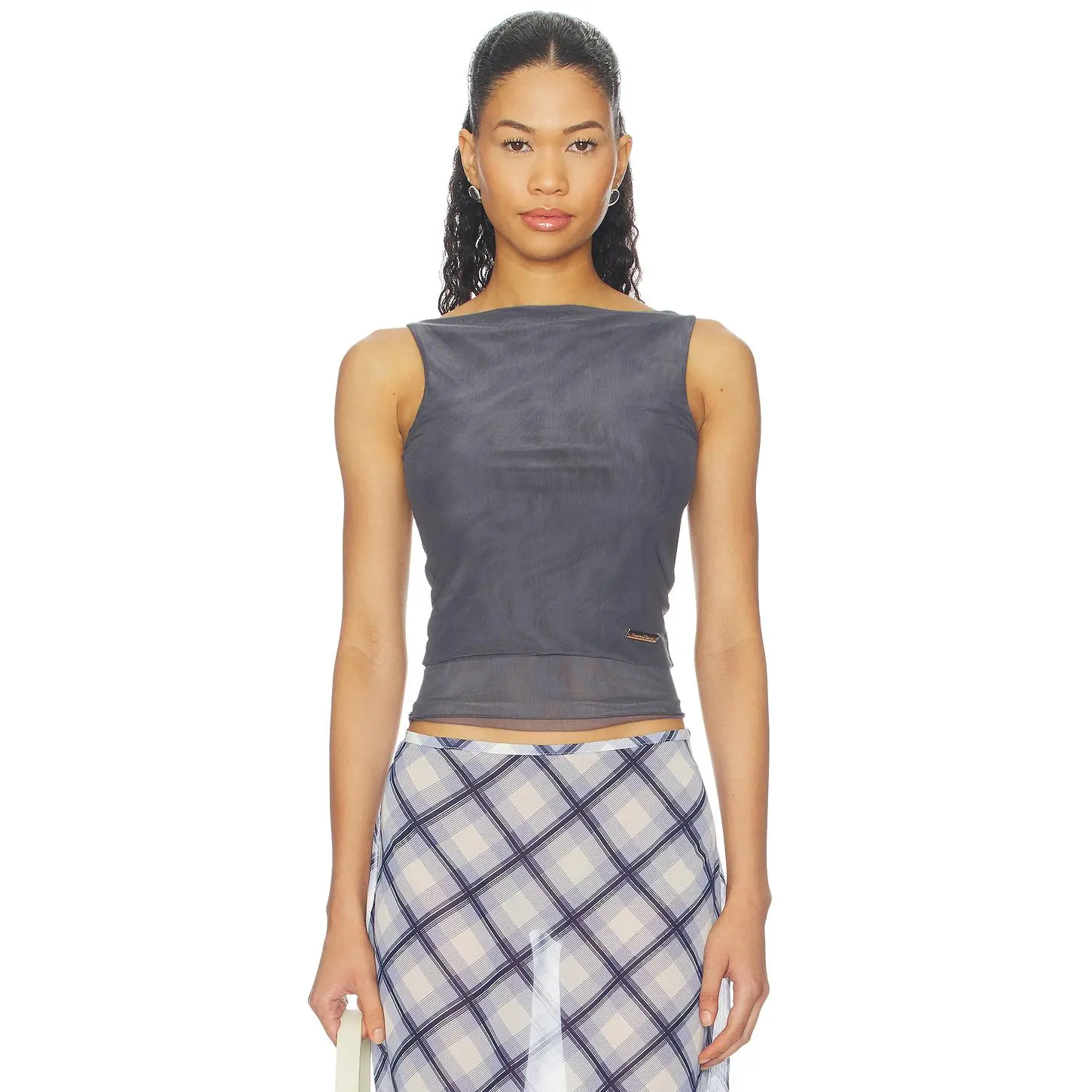 House of Sunny Double Layer Sleeveless Mesh Top in Steel Grey