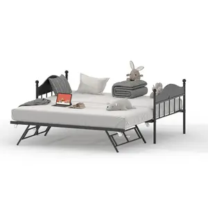 Twin Metal Daybed with or without Pop-Up Trundle, Heavy Duty Steel Slat Platform, Stylish Headboard, Convertible Sofa Bed for Living Room, Bedroom, Guest Room