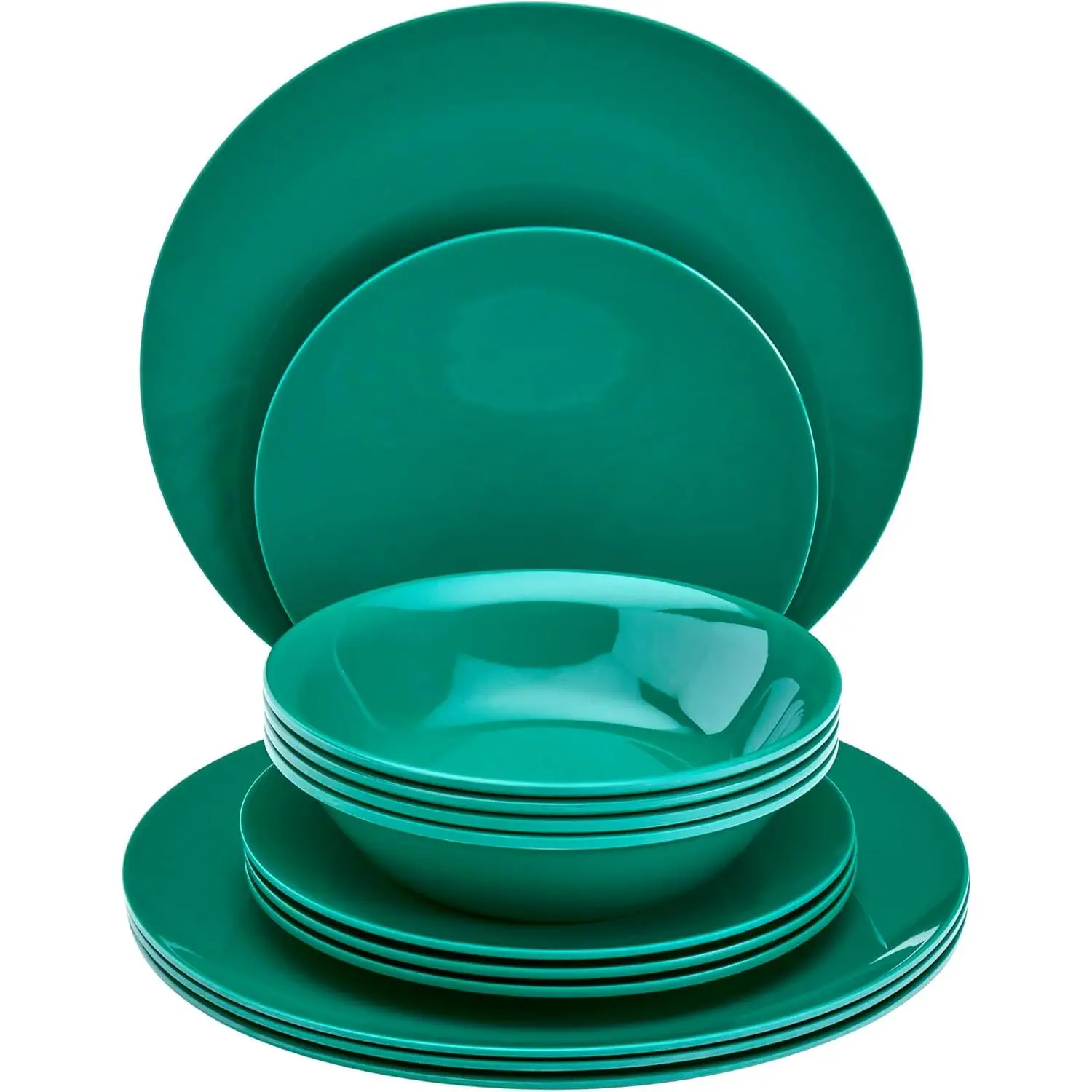 Tabletops Gallery 12 count Dark Green Melamine Dinnerware Set Plates Bowls for Indoor Outdoor Use, Service for 4,