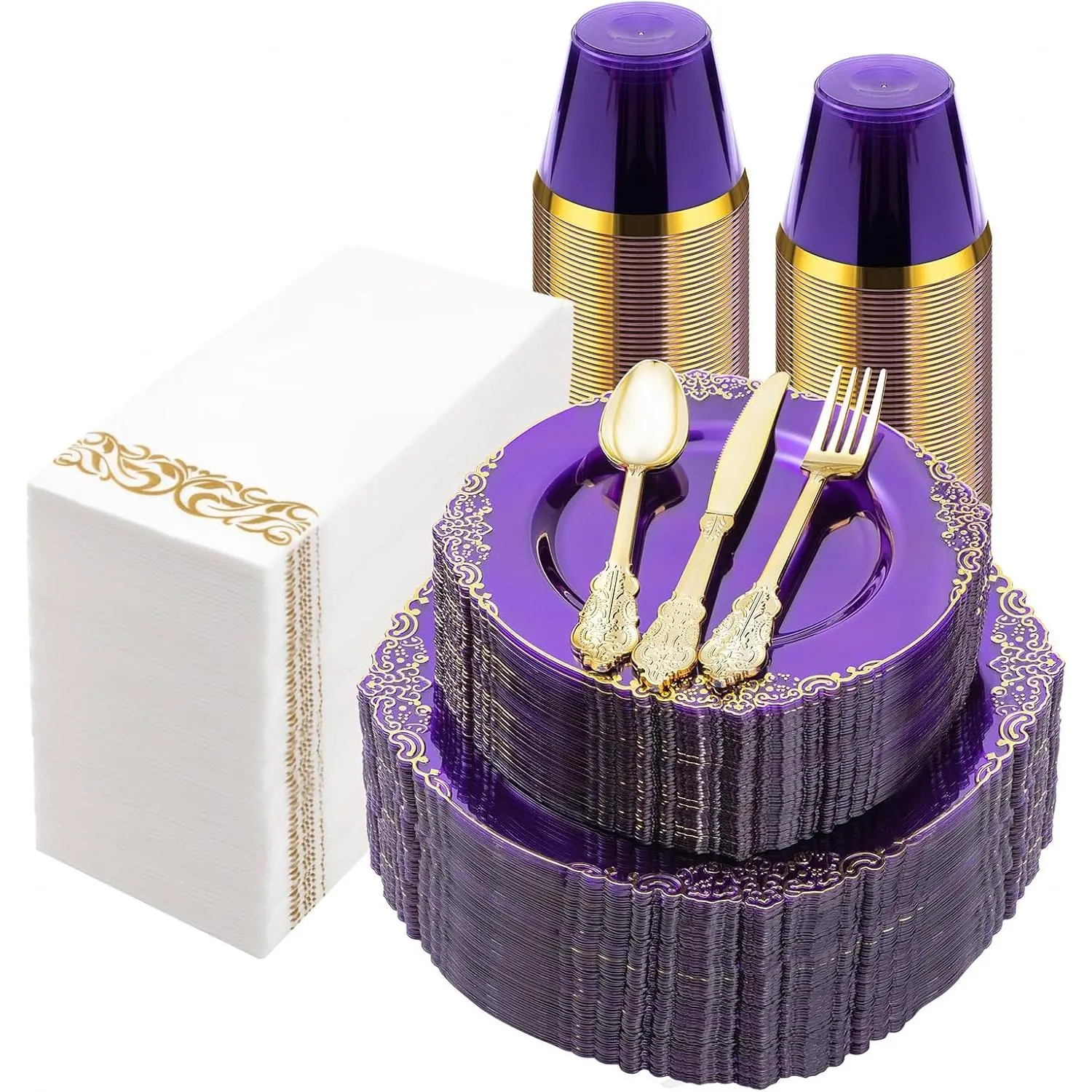 Festive Disposable Dinnerware Set, 350pcs Purple Print with Gold Trim for 50 Guests – Includes Dinner/Dessert Plates, Cups, Napkins, Gold Plastic Spoons for Large Weddings & Events