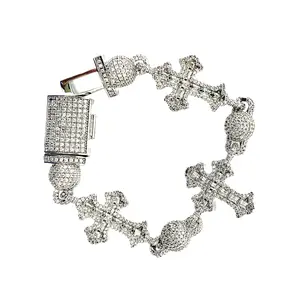 Hip-Hop Cross Emblem Bracelet with Round Beads, Unisex Zircon-Inlaid Copper Jewelry for Street Fashion, Cross Emblem Bracelets & Bangles