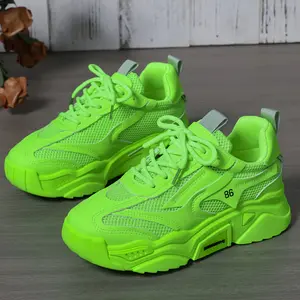 Women's Neon Green Chunky Dad Shoes - Breathable Mesh & Synthetic Cover, Casual Athletic Sneakers with Thick Rubber Sole, Low-Top Lace-Up Design