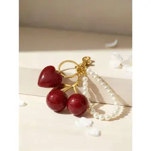 1pc Chic Cherry & Pearl Keychain With Sparkling Resin Pendant  - Alloy, C-Hook Closure For Women's Wallets & Bags ,Ideal Gift For Family, Friends, And Couples Valentine's Day Gift