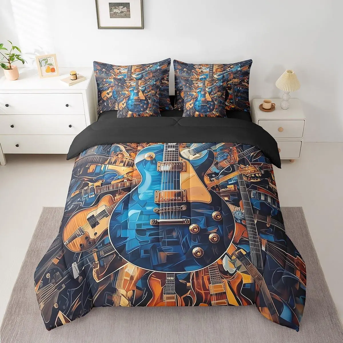 Guitar Comforter Set with Sheets Rock Music Bed in a Bag Blue Brown 7 Pieces Bedding Set Soft Lightweight Microfiber