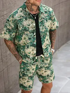 Men's Summer Short Sleeve Shirt and Shorts Set, Woven Jacquard Fabric, Casual Style, Perfect for Warm Weather, Shorts Sets Outfits