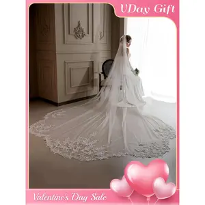 Bridal Cathedral Veil in Delicate White Lace with Oversized Train and Romantic Wavy Edges Wedding Photo Essential Trailing Veil