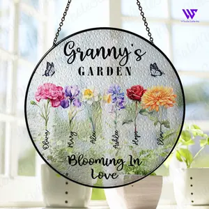 Personalized Granny's Garden Stained Glass Suncatcher, Christmas Gift For Grandma, Custom Grandkids Birth Month Flower Gift for Nana Mimi