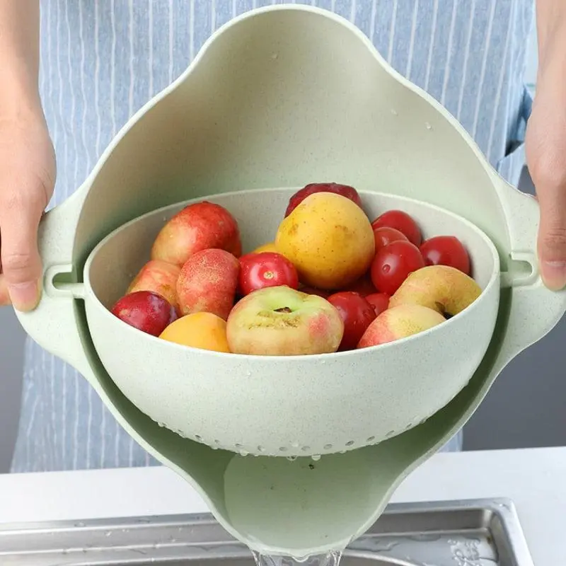 Double Decker Compact PP Plastic Kitchen Sieve & Colander Set - Thickened Multi-Use Organizer for Rice Washing, Fruit Storing, Laundry Sorting