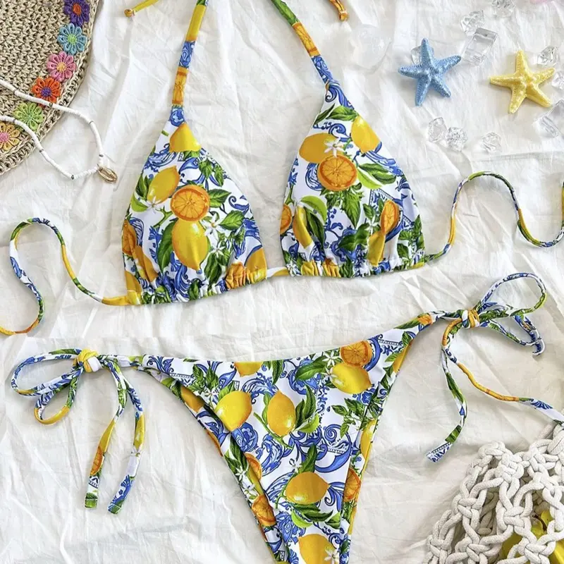 Soleia Women's Vibrant Lemon Fruit Pattern Cotton 2-Piece Tie-Up Bikini Set with Boyshorts - Kawaii Look Swimwear for Summer Beach Vacations
