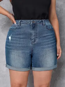 Plus Size Women's Distressed Wash Frayed Denim Shorts, Distressed Jean Shorts, Comfortable Casual Fit for Summer Outings, Basic Stylish Everyday Wear for Curvy Figures