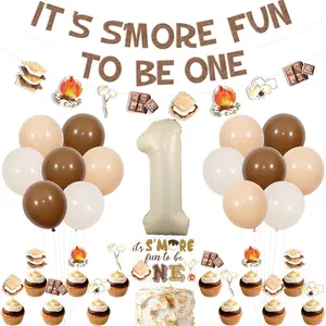 1Set Smore 1anniversary Birthday Party Decorations  Its Smore Fun to Be One Banner Cake Topper with Smore Themed Birthday Garland Cupcake Toppers for Boy Girl Bonfire Camping First Bday Party
