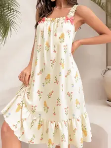 Women's Floral Print Ruffled Dress with Wooden Trim, Comfortable Fabric, Elegant Feminine Casual Wear, Perfect for Spring and Summer