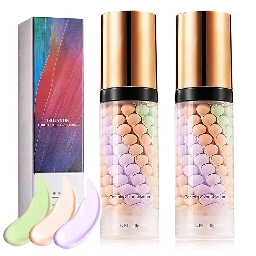 2 Pcs 3 In 1 Primer for Face Before Makeup,One Step Color Corrector Makeup Primer,Moisturizing Skin Tone Color Correcting Primer,Tricolor Tinted Moisturizer,Oil Control Isolation Cream