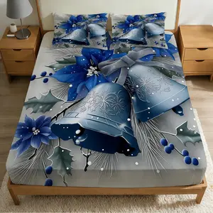 2/3Pcs Festival Bell And Blue Floral Pattern Bedsheet Set, High-Definition Digital Printed (1* Bedsheet +1/2* Pillowcase, No Filling),100% Polyester Fiber,Machine Washable,With Zipper,A Perfect Gift For Family And Friends All Year Round!