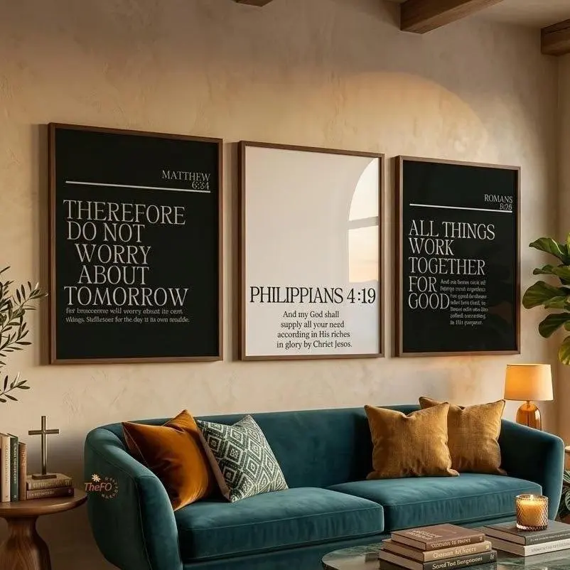 Set of 3 Modern Christian Posters, Neutral Faith Scripture Wall Decor, Bible Verse Art with Romans 8:28, Philippians 4:19