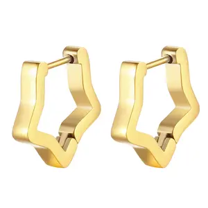 Women Star Hoop Earrings: Geometric Chunky Men Huggie Hoops Stainless Steel Teen Girls Hypoallergenic Polished Fashion Earrings