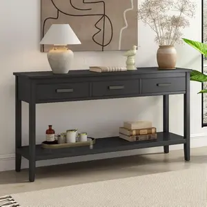 Knocbel Contemporary Rectangular Console Table with 1 Shelf & 3 Storage Drawers, 59.1" W x 13.8" D x 31.7" H, Black MDF & Pine Wood, Minimalist Design, Entryway & Living Room Side Table