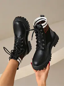 New Women's Flat Motorcycle Slouchy Boots, Fall Winter Lace-Up Round Toe Thick Sole Short Boots, Fashion Outdoor Knit Patchwork Ruffle Boots