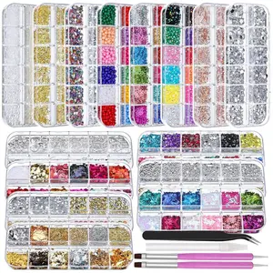15 Boxes Nail Rhinestones Gems Kit,Gold/Silver Metal Studs,Mixed Sizes Flatback Crystals Rhinestones,Half Pearls,Sequins,Foil Flakes with Tweezers & Dotting Tools for DIY Manicure