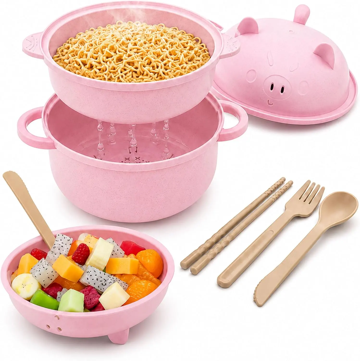 Pink Pig-Shaped Ramen Bowl Cooker Tableware Set, 45oz (1300ml) Microwave Safe Kitchenware with Strainer Lid, Handle, Spoon, Fork & Chopsticks for Household Daily Use (Set Includes Tools)