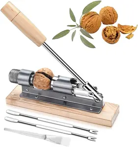 Heavy Duty Pecan Walnut Cracker Opener Tool - Desktop Wood Base with Handle, 2 Picks & 1 Cleaning Brush for Easy Cracking Nuts