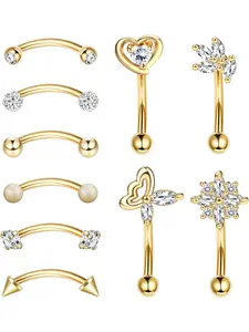 10 Pcs 16G Rook Daith Earrings Stainless Steel Belly Lip Ring Cartilage for Women CZ Body Piercing Curved Barbell Eyebrow Rings 8mm Piercing Jewelry Set Body Piercings Set Body Piercing Kit