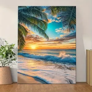 Beach Scenery and Palm Tree Pattern Wooden Frame Canvas Painting, Modern Art Wall Decoration, Home Living Room Bedroom Office Wall Decoration, Poster Wall Art, Wall Decoration Painting
