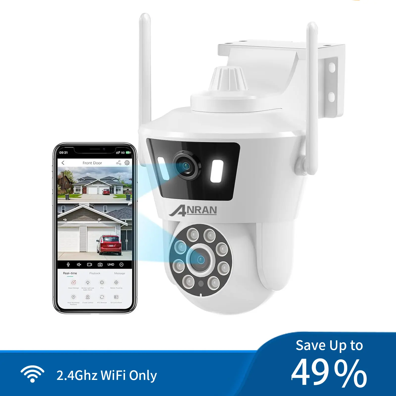 Anran 2K Dual Lens Security Camera WiFi Outdoor,360° PTZ Control,2.4G WiFi,Motion Tracking,Color Night Vision,Wireless Smart Home Surveillance Systems