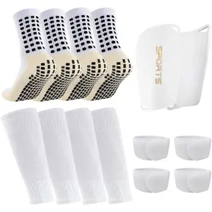 2 Pairs Mens Grip Soccer Socks, 2 Pairs Shin Sleeves with 1 Pack Shin Guards and 4 Shin Straps, Soccer  Set 9 count