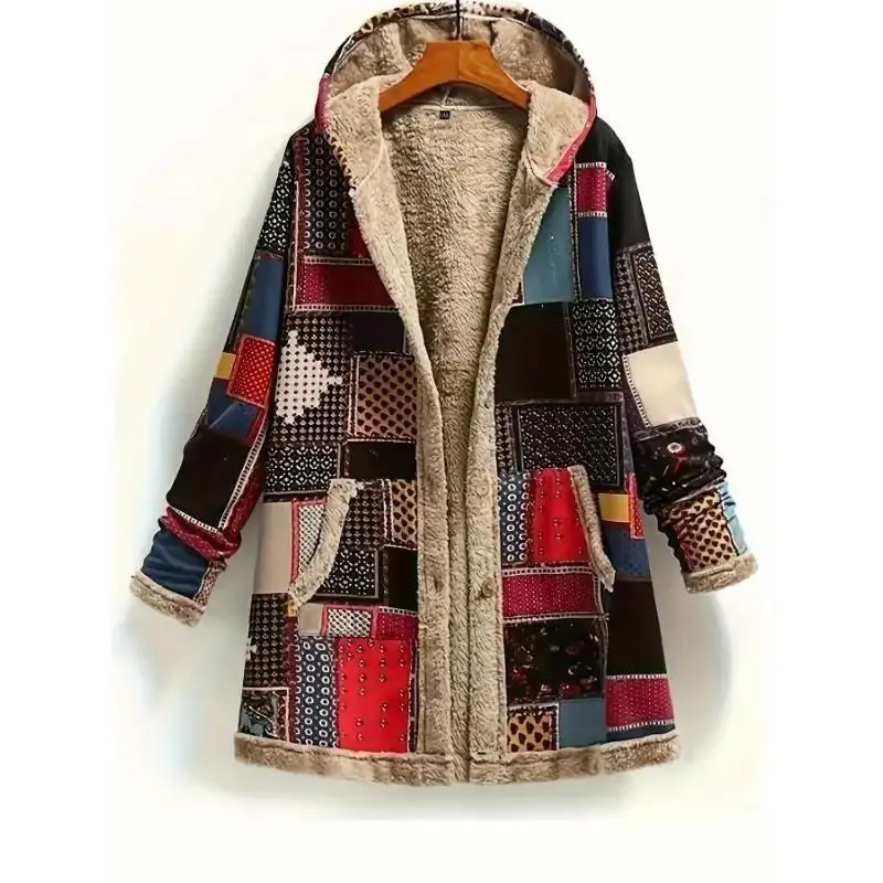 Women's All Over Tribal Print Colorful Patchwork Hooded Jacket - Long Sleeve Polyester Fleece Lined, Front Button, 2 Pockets, Cold-Proof Stretchy Knit Fabric, Machine Washable, Do Not Dry Clean, Autumn Winter Casual Outerwear, Tops