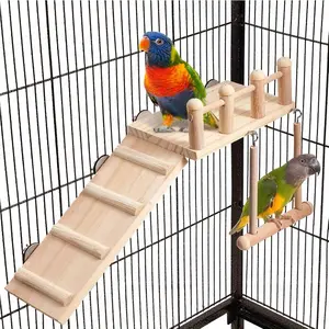 Wooden Bird Perch Platform with Climbing Ladder & Swing - Parrot Cage Accessories for Small Birds, Natural Exercise Equipment for Parakeets & Other Pet Birds.