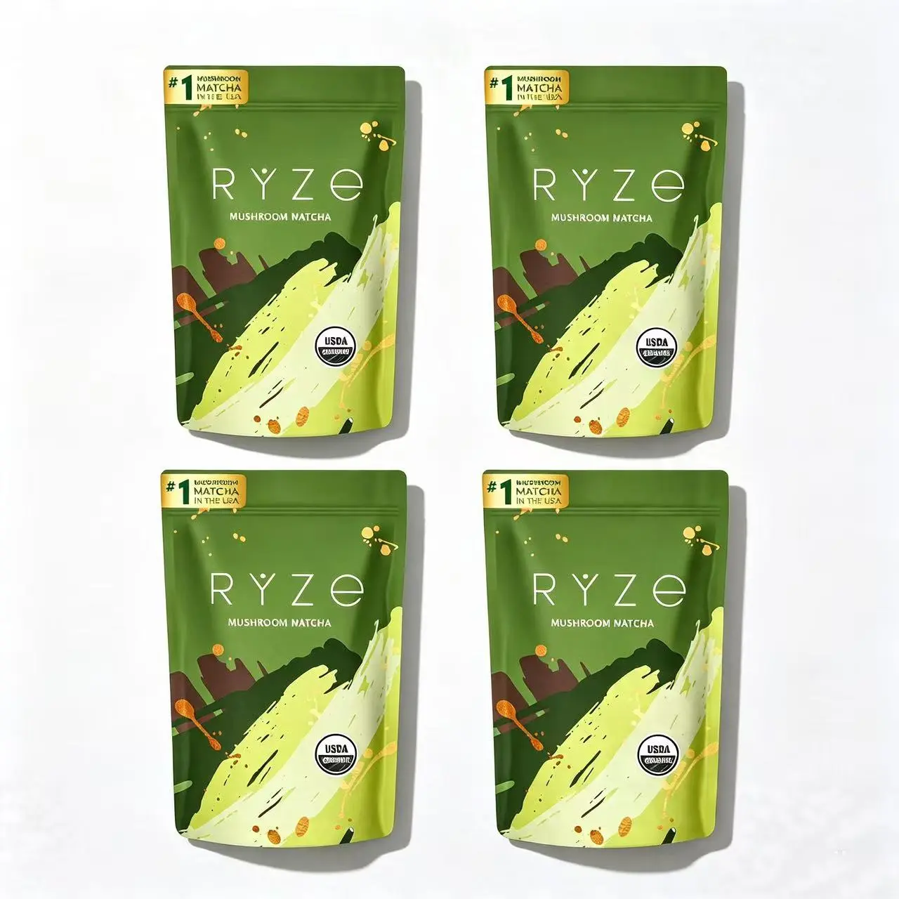 (Flash Sale 4 Packs)  RYZE Mushroom Matcha Starter Kit, USDA Organic with 6 Adaptogenic Mushrooms and Ceremonial-Grade Japanese Matcha, Energy, Focus, Digestion, Immunity with Turkey Tail, Shiitake, Reishi, 60 servings