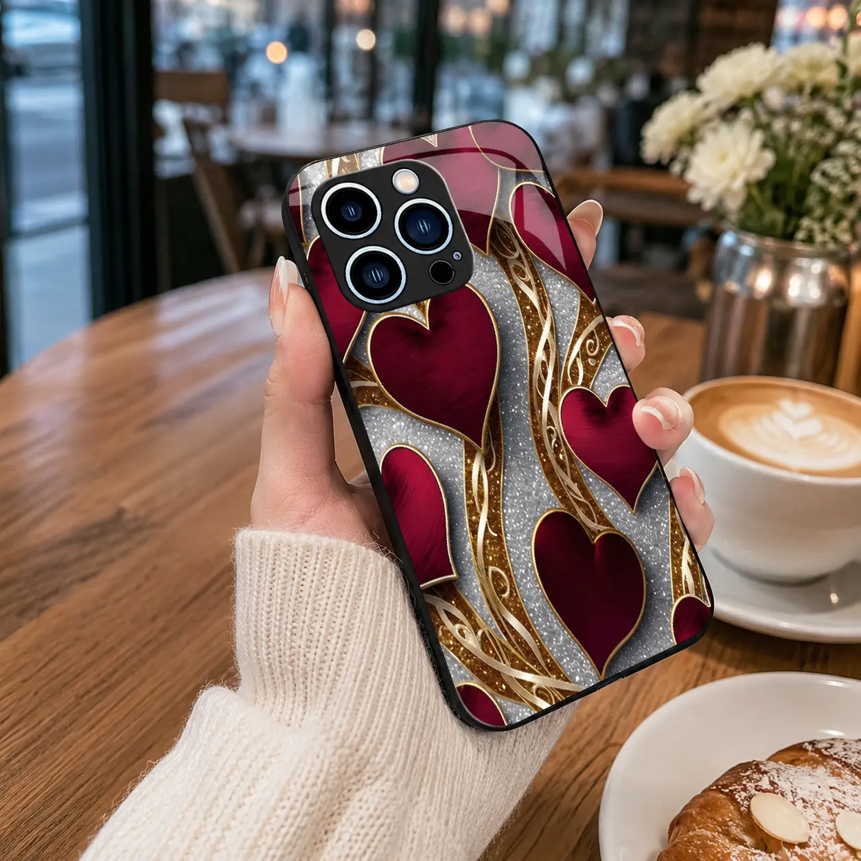 Luxurious romantic heart case for iPhone 17/16/15 Pro Max, elegant gold trim love pattern cover, best gift for her—anniversary, aesthetic phone accessory —975