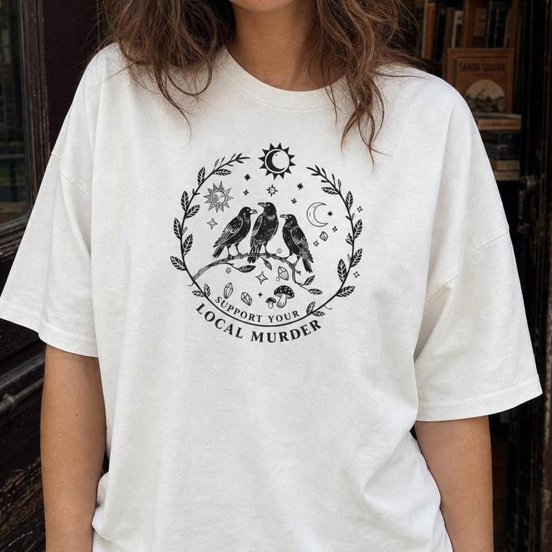 Women's Cotton Crew Neck Drop Shoulder Loose-Fit Tshirt - Casual Wear, Oversize Baggy Top with Sarcastic Mystical Witchy Graphic Print Supporting Your Local Murder Crow