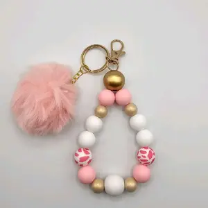 Handmade Keychain with Pink Pom Pom and Colorful Beads Simple Accessory for Keys No Additional Attributes Specified