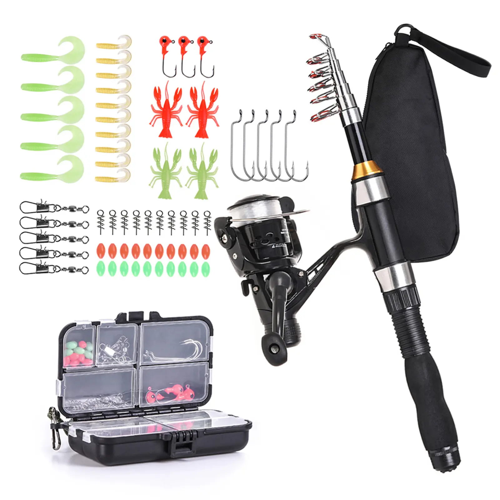 Telescopic Spincast Fishing Rod and Reel Combo for Beginners, 1.5m (59in) Portable Fishing Pole Kit with Lures, Hooks, 20 Oval Beads, and Travel Bag, Fishing Tools, Telescopic Spincast Rod