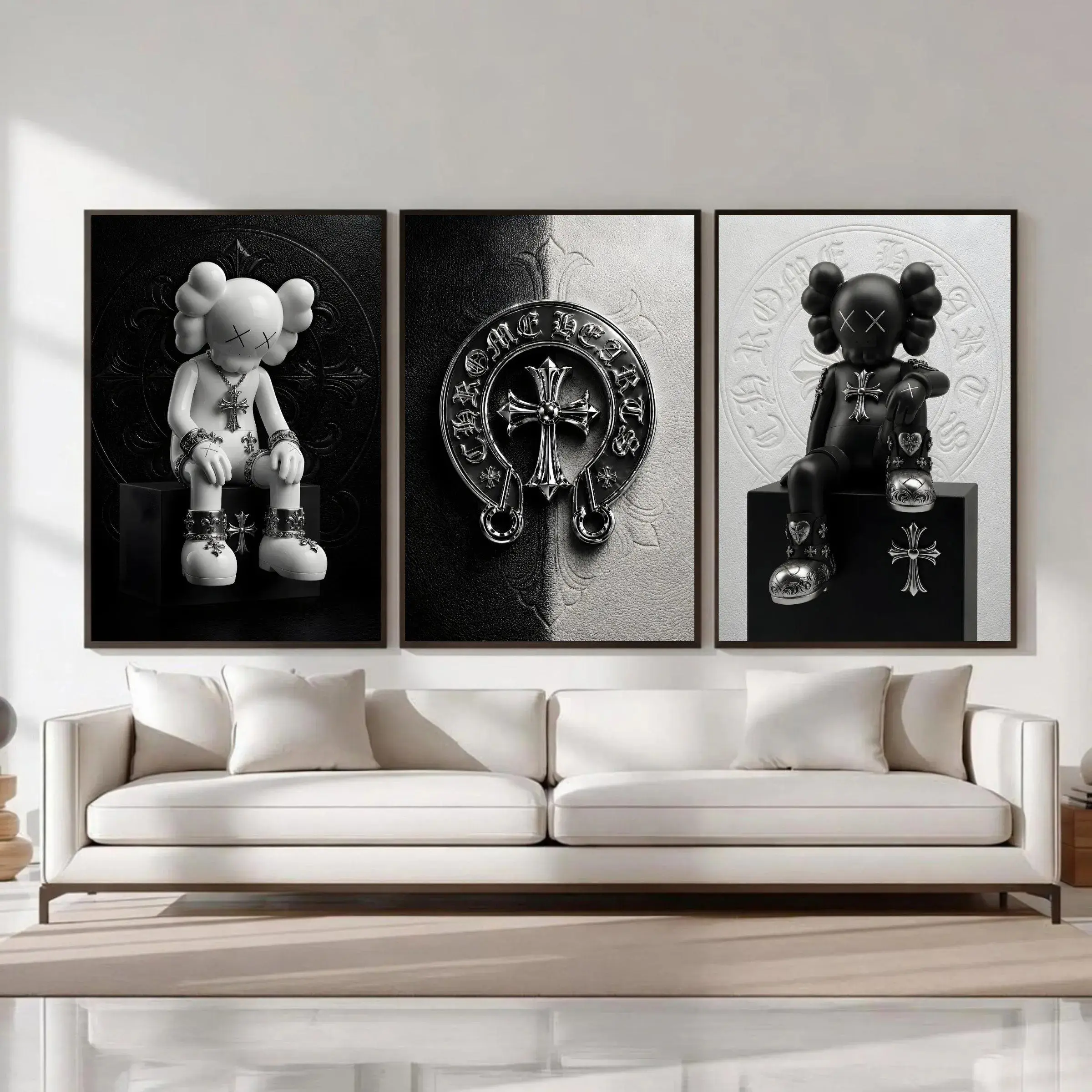 Chrome Hearts Kaws Poster Set of 3, Black White Hypebeast Decor Wall Art, Gothic Luxury Decor, Black White Chrome Hearts, Dark Fashion Decor