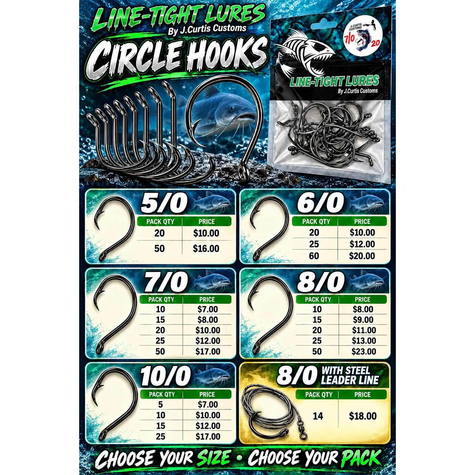 Line-Tight Lures Carbon Steel Circle Hooks for Big Catfish - Choose Your Size & Pack (5/0 to 10/0)
