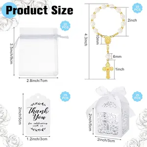 Set of 100 Baptism Rosary Sets Includes 25 Mini Baptism Rosary with Angel, 25 Favor Boxes, 25 Organza Bags and 25 Thank Kraft Tags for Wedding Shower Decor(Gold)