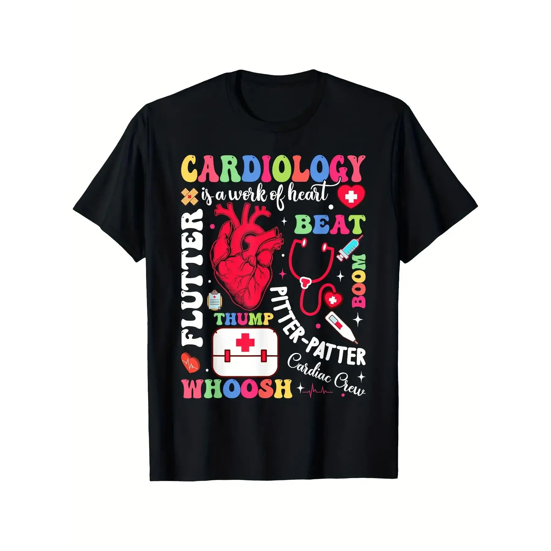 Men's Oversized Round Neck Short Sleeve 100% Cotton Cardiology Medical T-Shirt - Retro ECG Heart Monitor, Cardiac Cath Lab, EKG Rhythm Stripes Design, Casual Fit S-XXXL (Black) - Doctor Apparel, Funny Heart Health Gift, Streetwear Graphic Tee