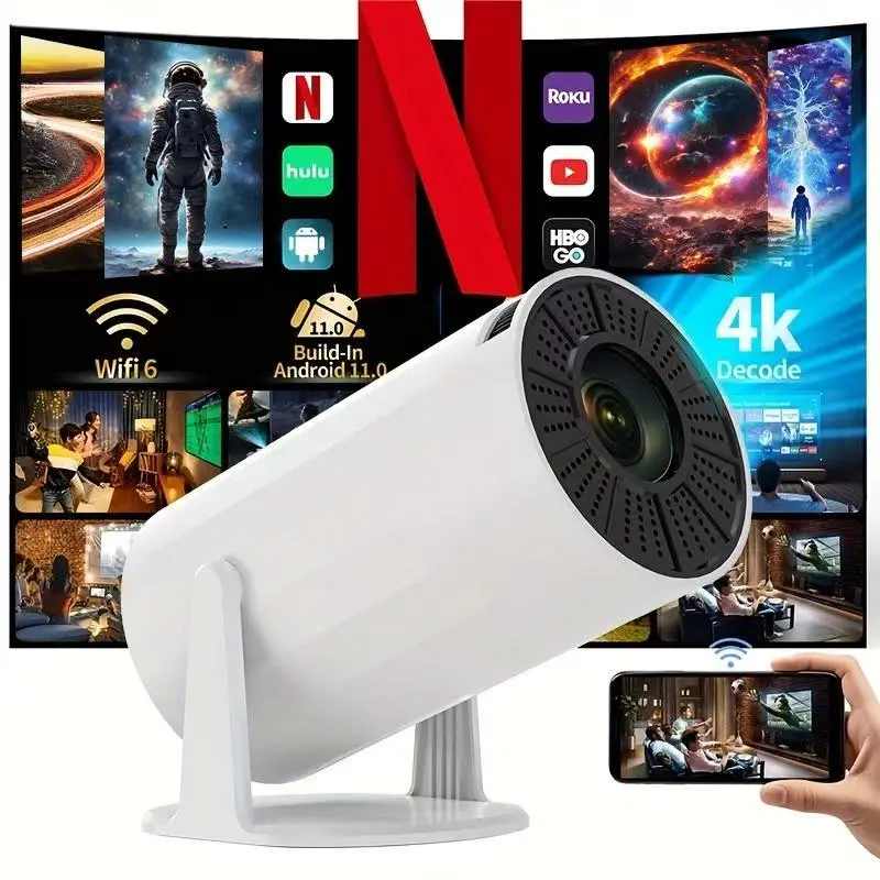 HY300 Pro Multifunctional Projector (Upgraded Version White), Portable Android 11.0 WiFi Bluetooth 5.0 LED Projector, 260ANSI Lumens, 180° Rotatable Design, Built-in Audio, Remote Control, White Cable for Home Mini Cinema