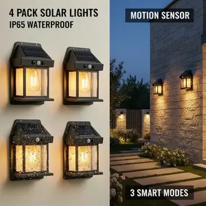 4 Pack Solar Outdoor Wall Lights with Motion Sensor, Waterproof IP65 Garden Security Lighting, 3 Modes Auto Dusk to Dawn, Wireless Decorative Lamp for Patio, Villa, Pathway