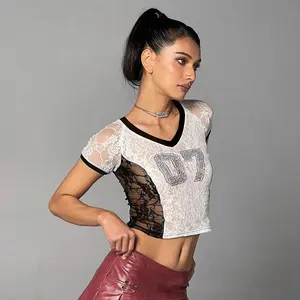 Beaded Detail Short Sleeve Lace Material Tops Womenswear Lady Comfort Fabric Tshirt