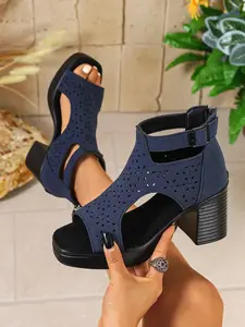 Women's Roman Sandals, New Chunky Heel Water Drill Fish Mouth Mid-Heel Soft Sole Toe Exposure Youthful Pumps Shoes