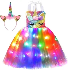 Easter Gift New Year 2026 Gift Girls Unicorn Costume LED Light Up Princess Tutu Dress with Unicorn Headband for Halloween Birthday Party