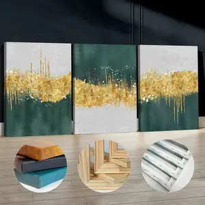 3Pcs Wooden Framed Canvas Painting, Gold And Green Abstract Wave Images, Exquisite Poster, Home Decoration, Pattern Wall Art Decor, For Living Room, Bedroom, Office, Restaurant, Bar Wall Decor, Waterproof, Odorless, Painting, Print Artwork.
