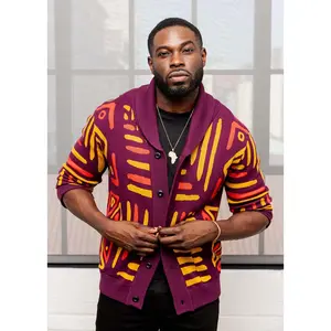 Aren Men's African Print Cardigan Sweater (Plum Gold Tribal)